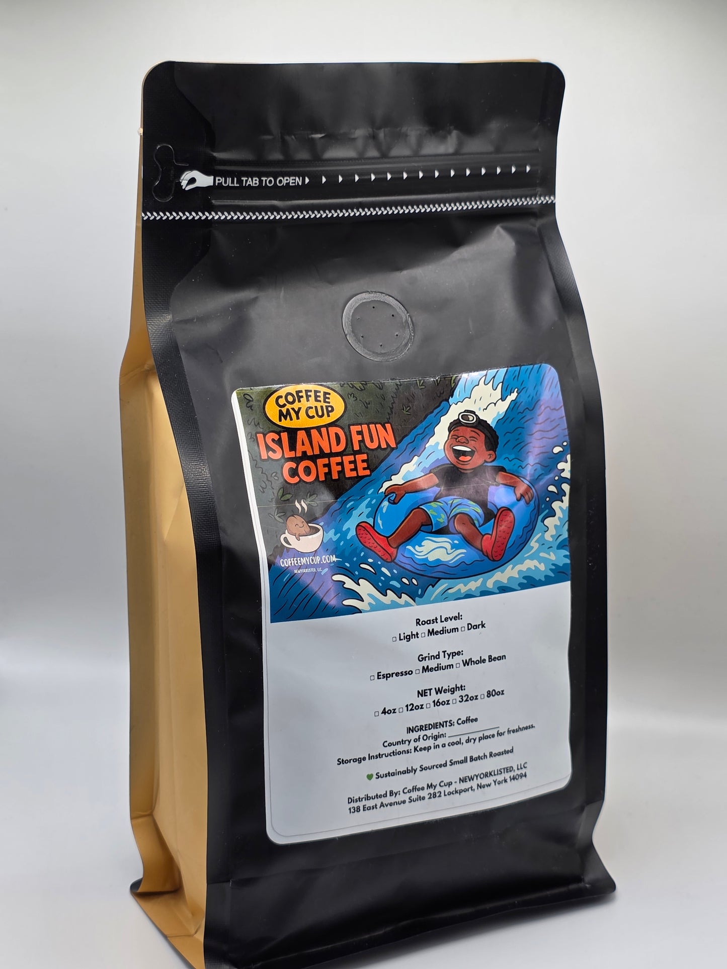 Coffee My Cup: Island Fun Coffee, Coffee bag with a colorful label featuring a person surfing on a wave, on a white background.