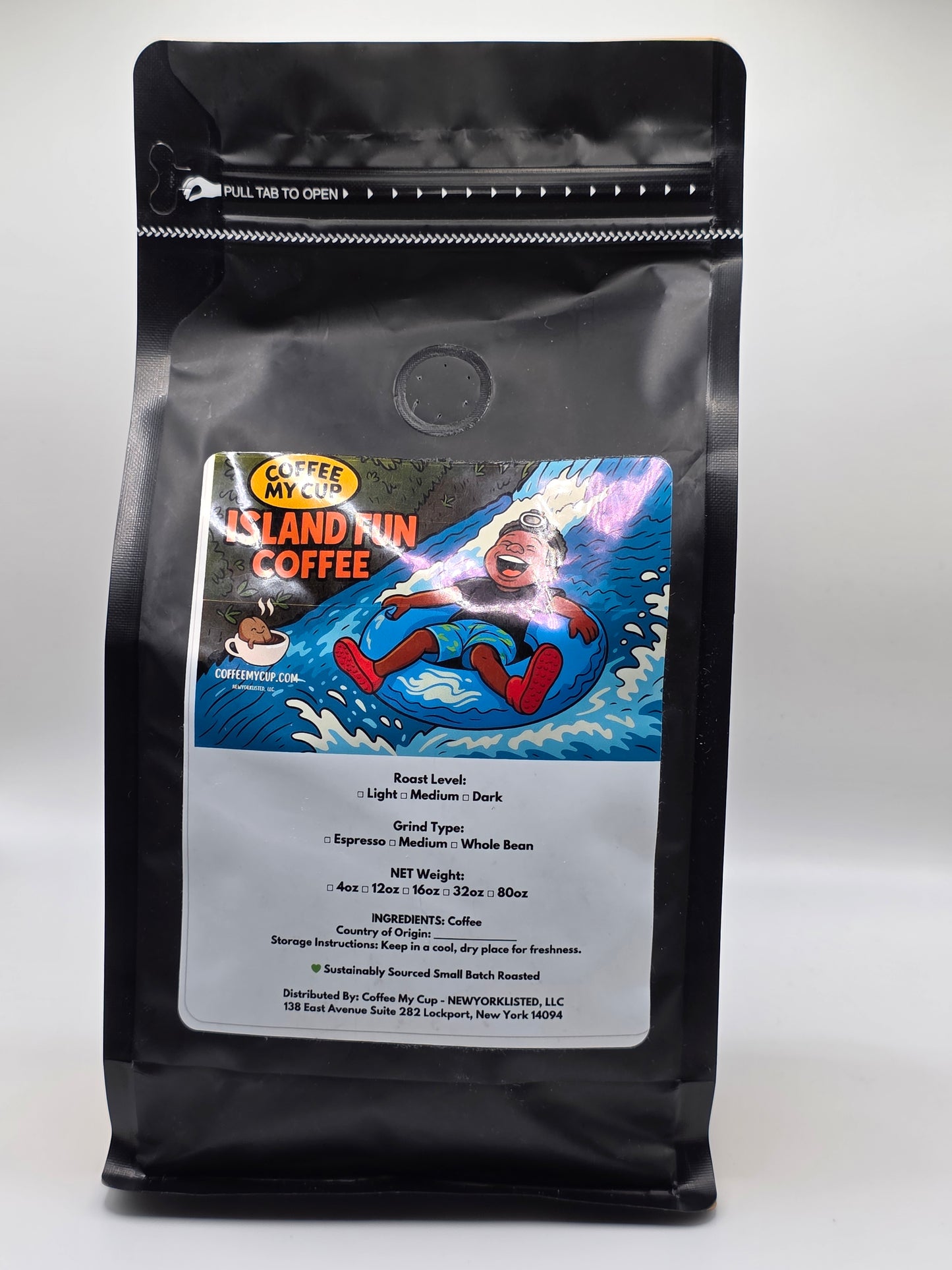 Coffee My Cup: Island Fun Coffee, Black coffee packaging with colorful label featuring a bear and text on a white background