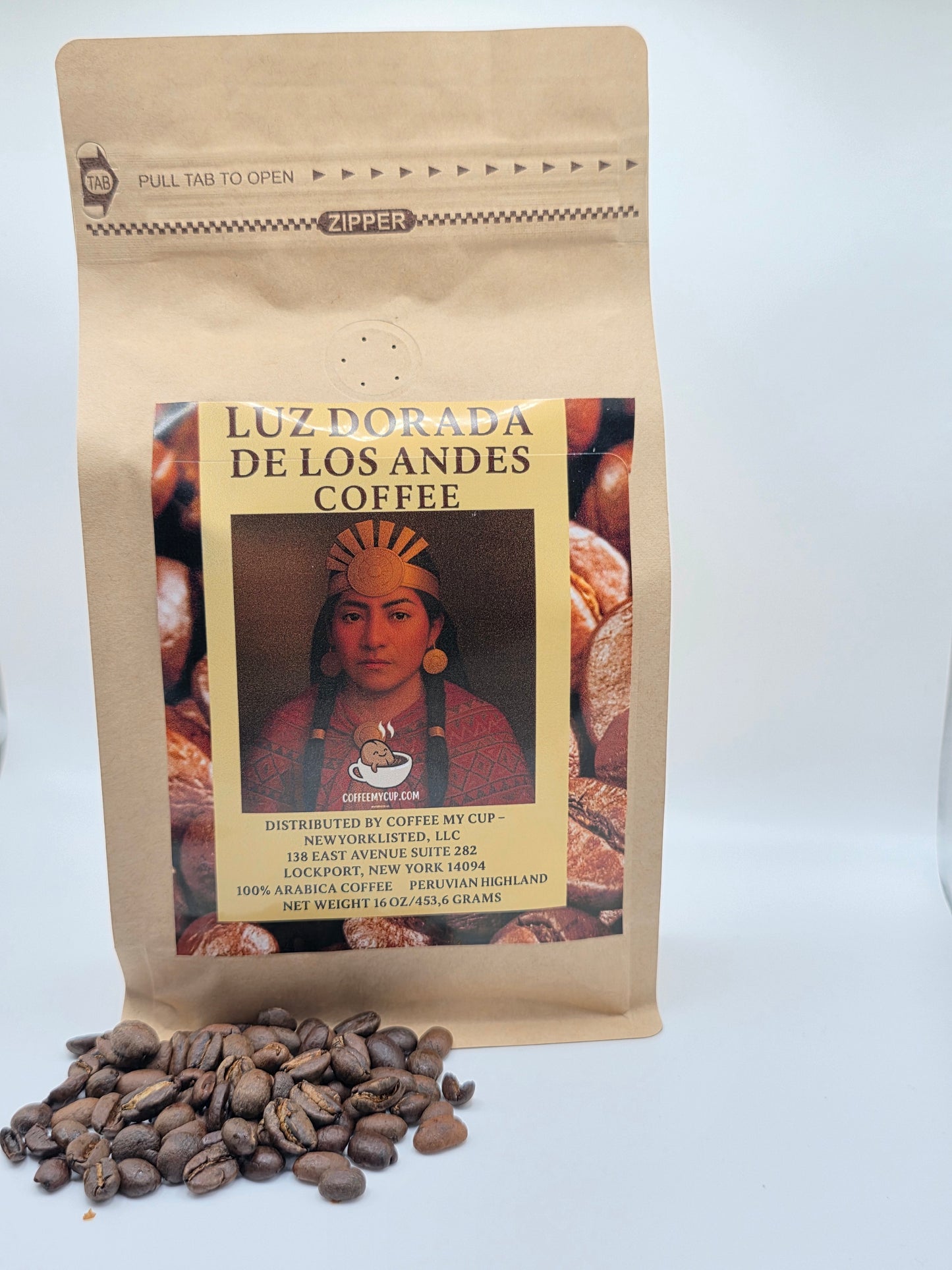 Coffee My Cup: Coffee package with a picture of a woman and coffee beans on a white background