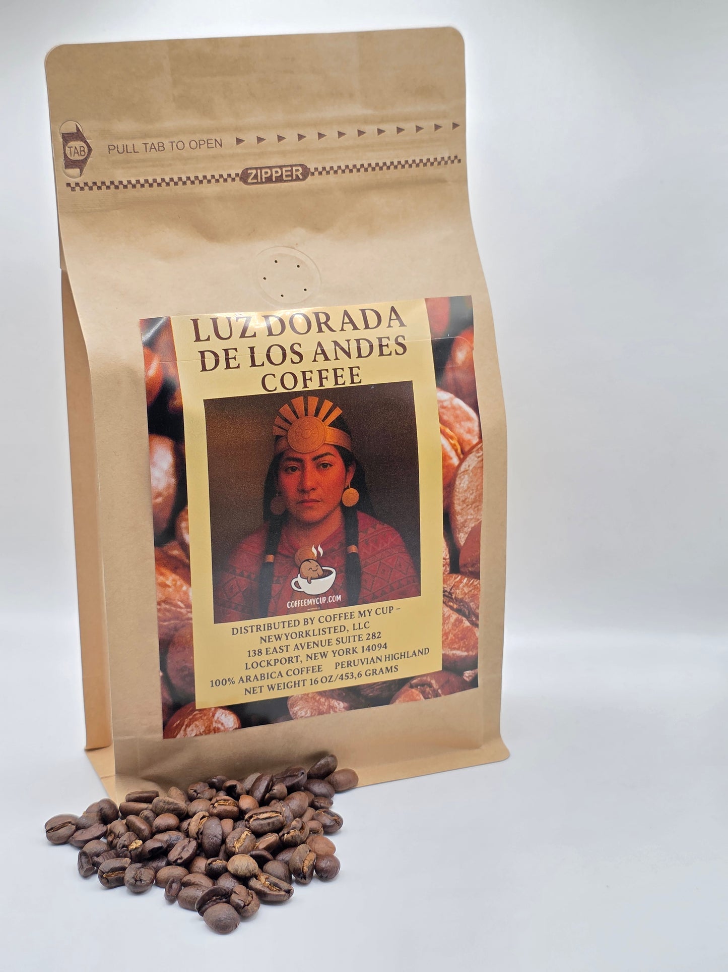 Coffee My Cup: Coffee package with coffee beans on a white background