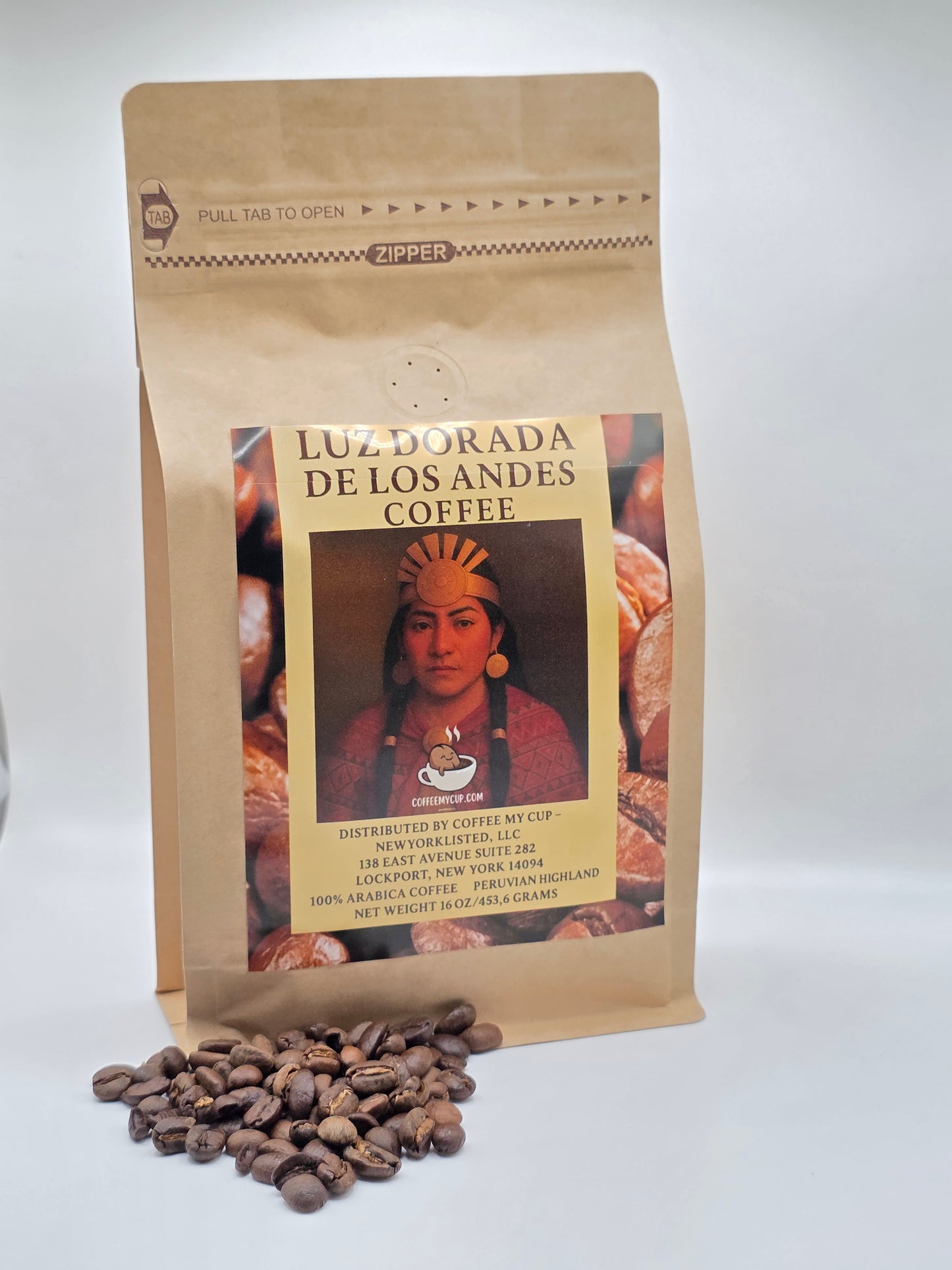 Coffee My Cup: Specialty Roast Coffee package with a person's face on it, accompanied by coffee beans on a white background