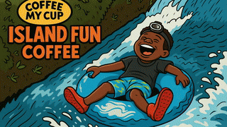 Island Fun Coffee From Coffee My Cup, animated image of little boy on a water slide