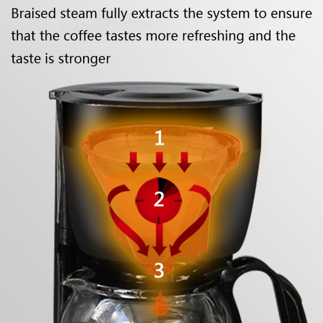Coffee maker with diagram showing braised steam process on a gray background