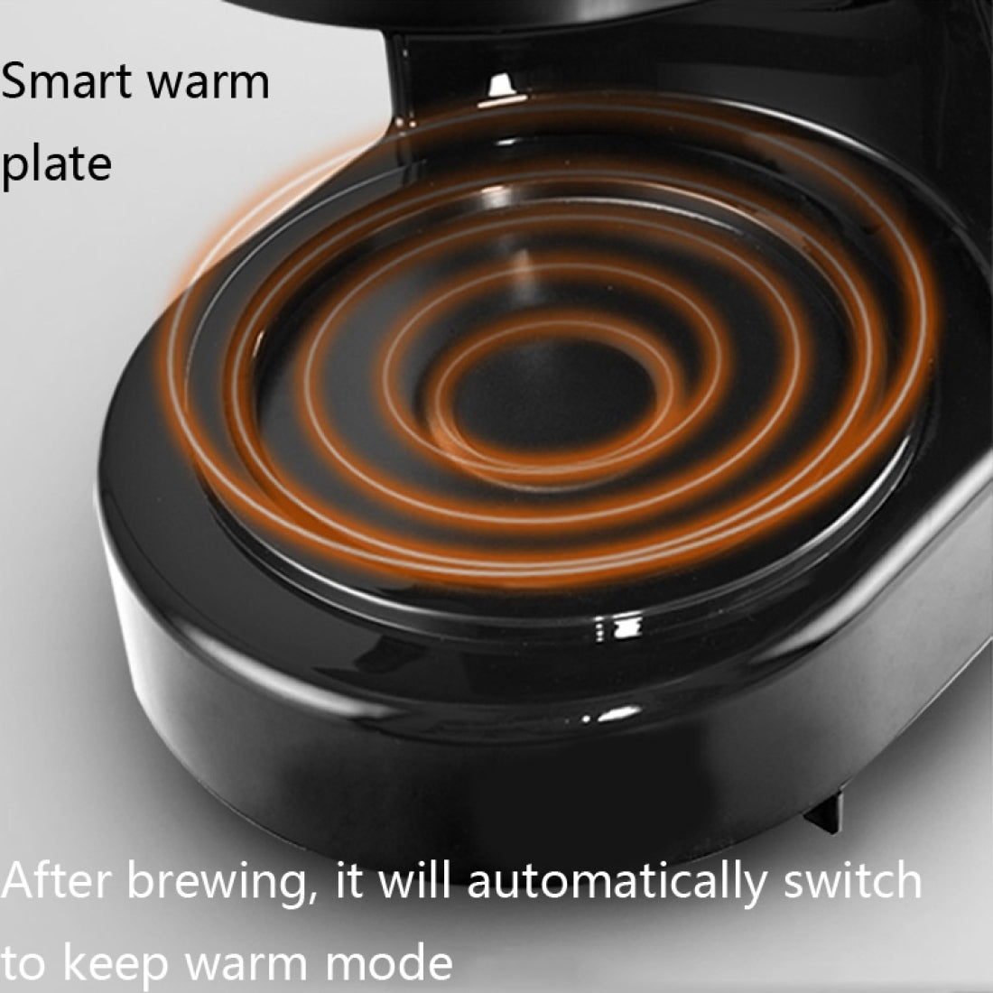 Smart warm plate with heating element inside a coffee maker, labeled 'Smart warm plate'.