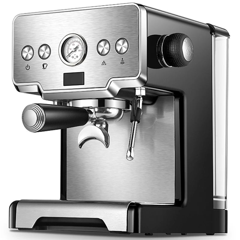 Coffee My Cup: Stainless steel espresso machine with black accents on a white background