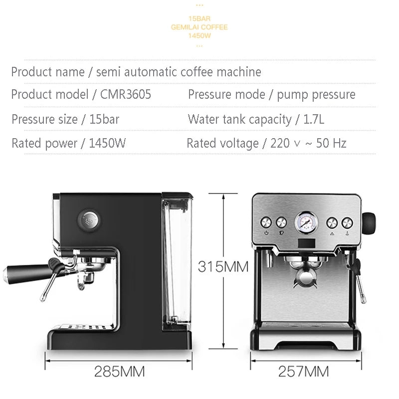 Coffee My Cup: Semi-automatic coffee machine with specifications and dimensions on a white background