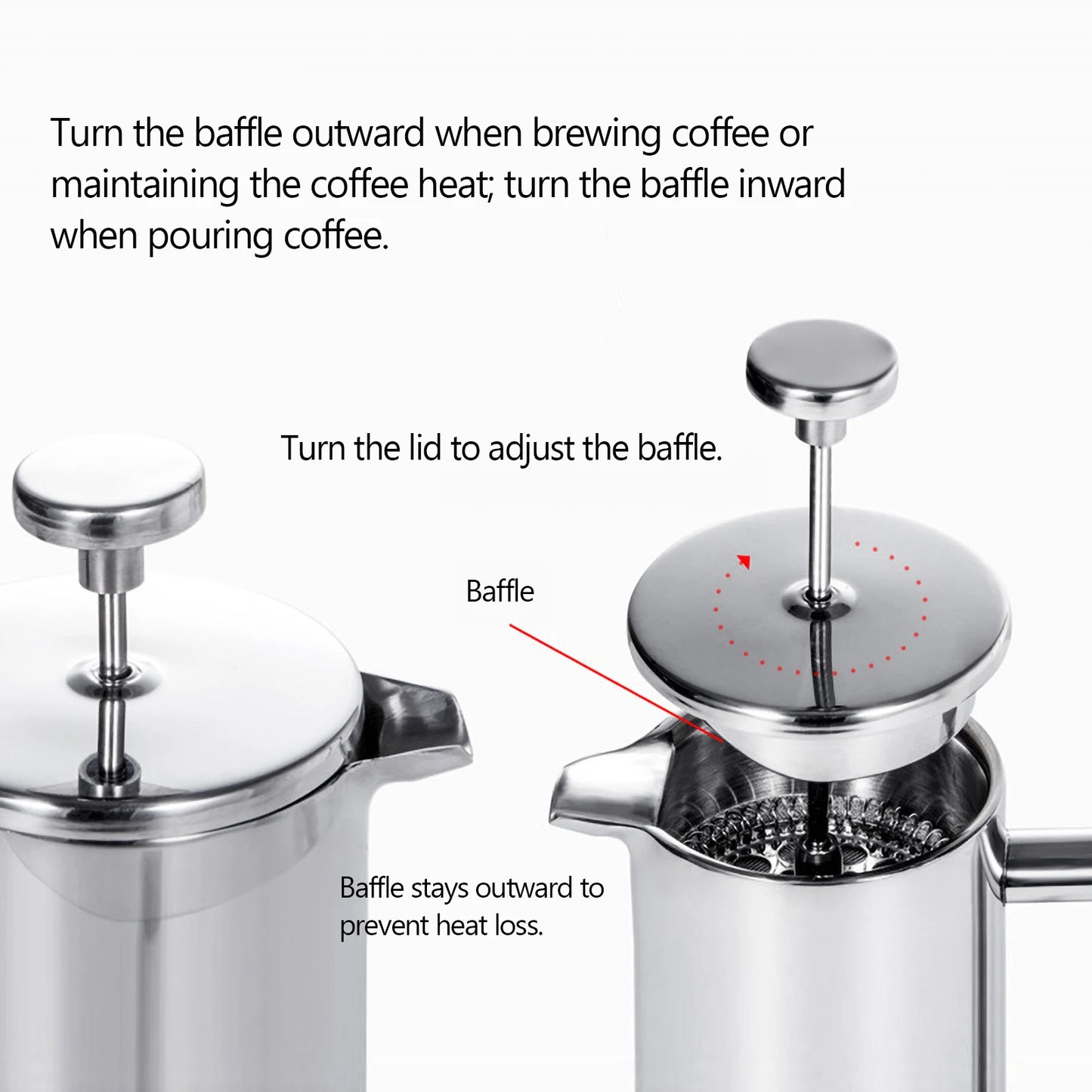 Coffee My Cup: Silver French press with instructions on baffle adjustment for coffee brewing and heat maintenance.