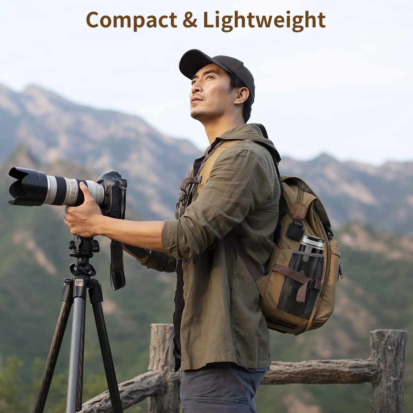 Coffee My Cup: Brew Coffee Your Way Anywhere, Man with camera and backpack in a mountainous landscape, emphasizing compactness and light weight.