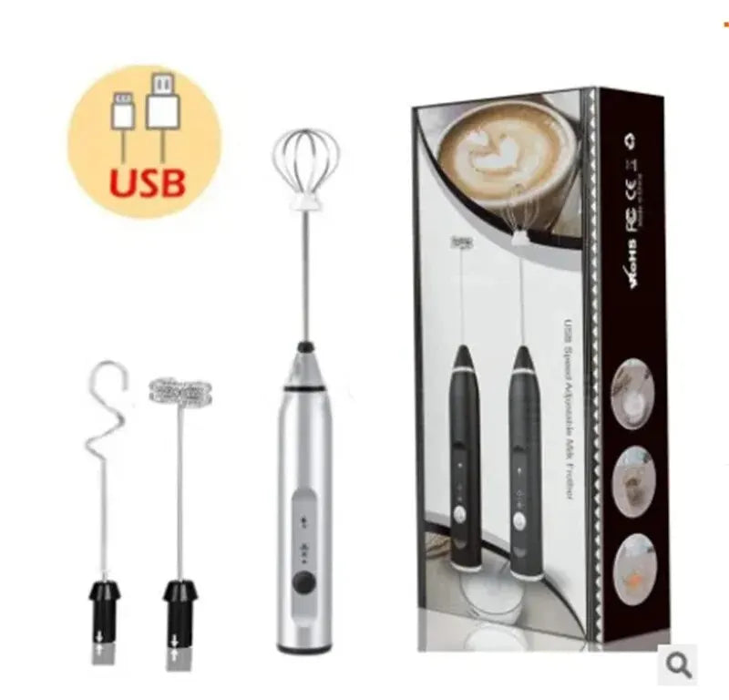 Coffee My Cup: USB milk frother with attachments and packaging on a white background