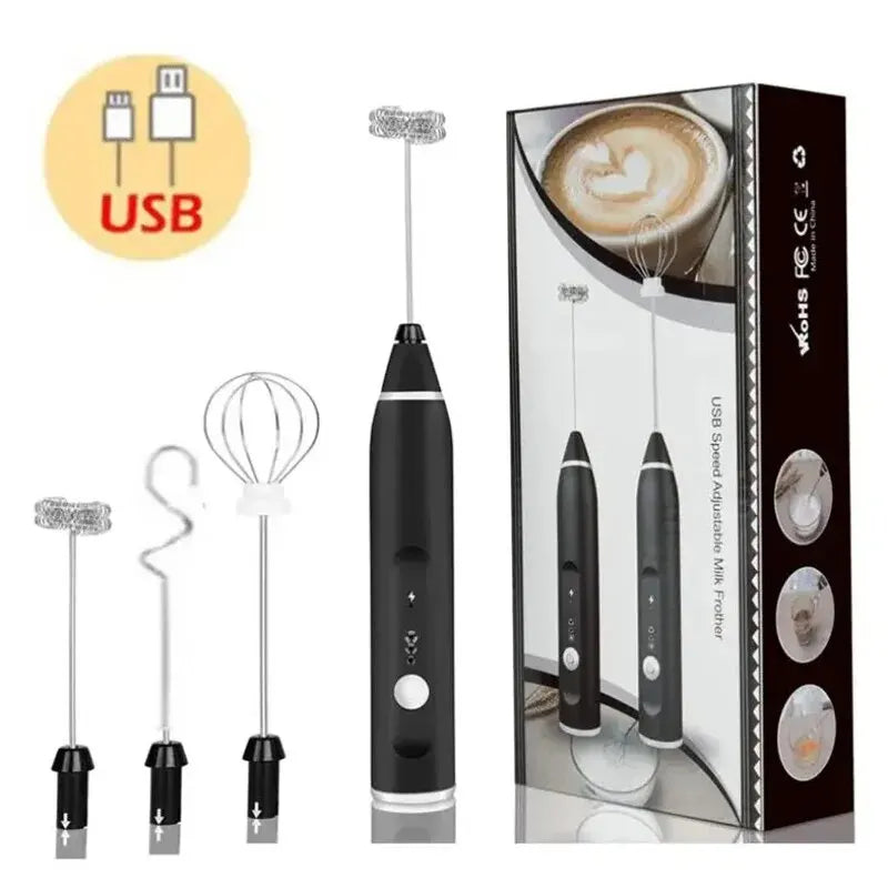 Coffee My Cup: Black USB milk frother with attachments and packaging on a white background