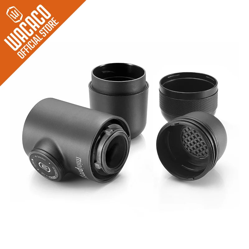 Coffee My Cup: Black travel mug components with WACACO logo on an orange and white background