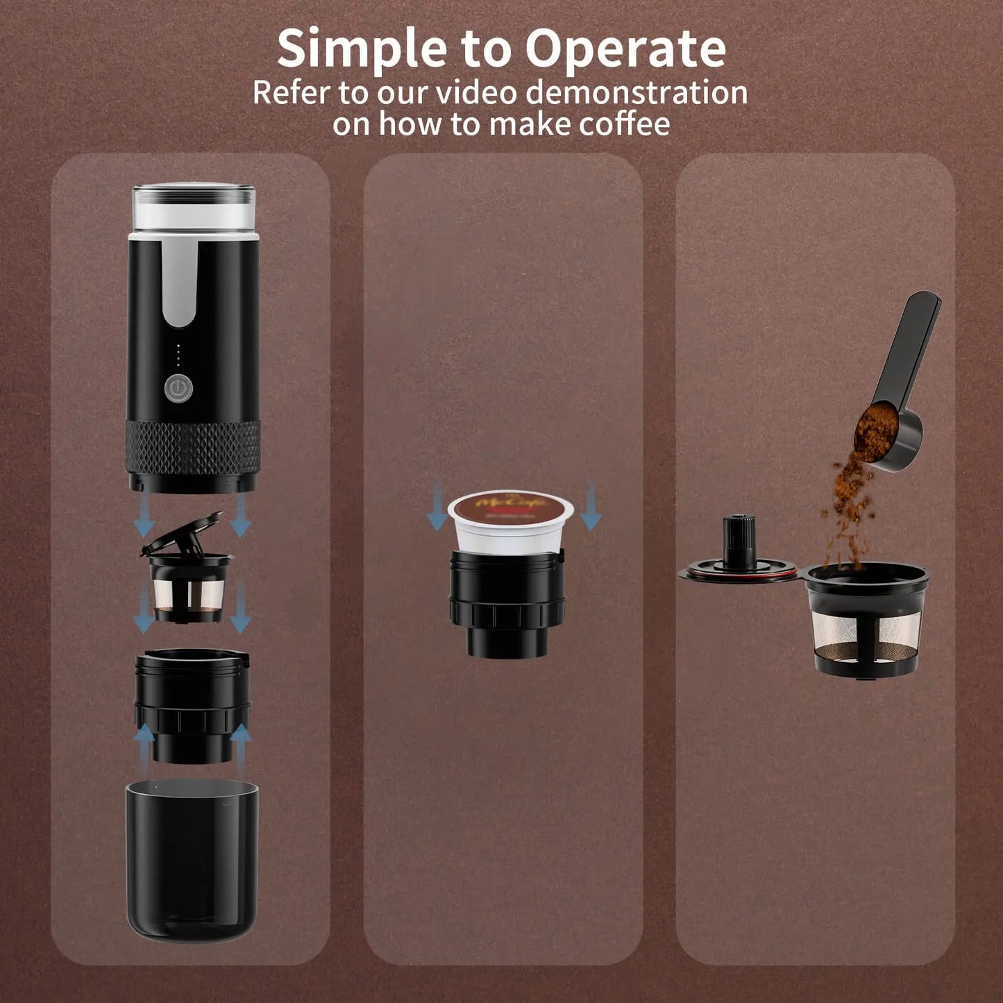 Coffee My Cup: Instructions on how to operate a portable coffee maker with a brown background.