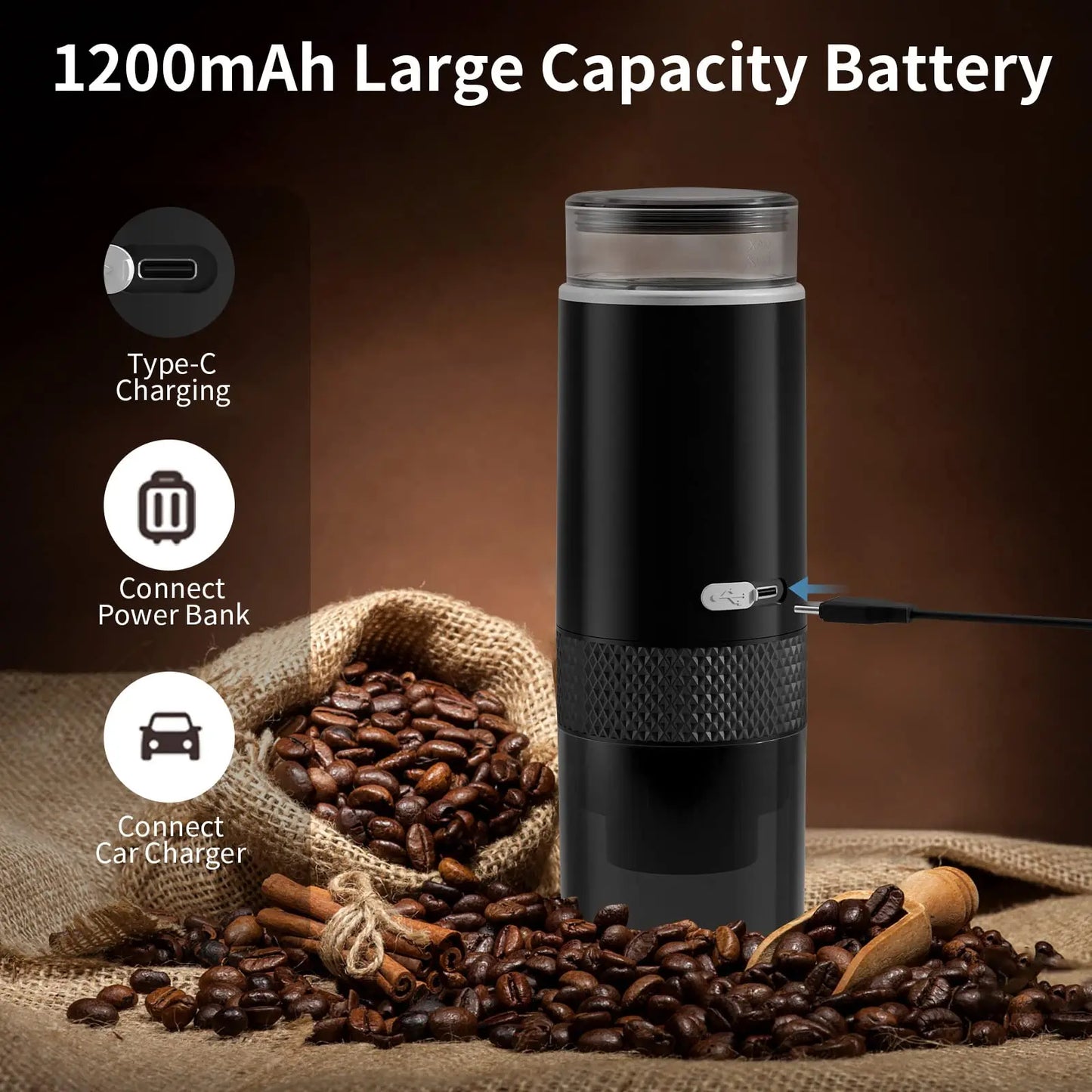 Coffee My Cup: Black coffee grinder with coffee beans and charging options on a brown background