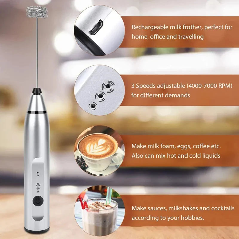 Coffee My Cup: Rechargeable milk frother with features highlighted on a blurred background
