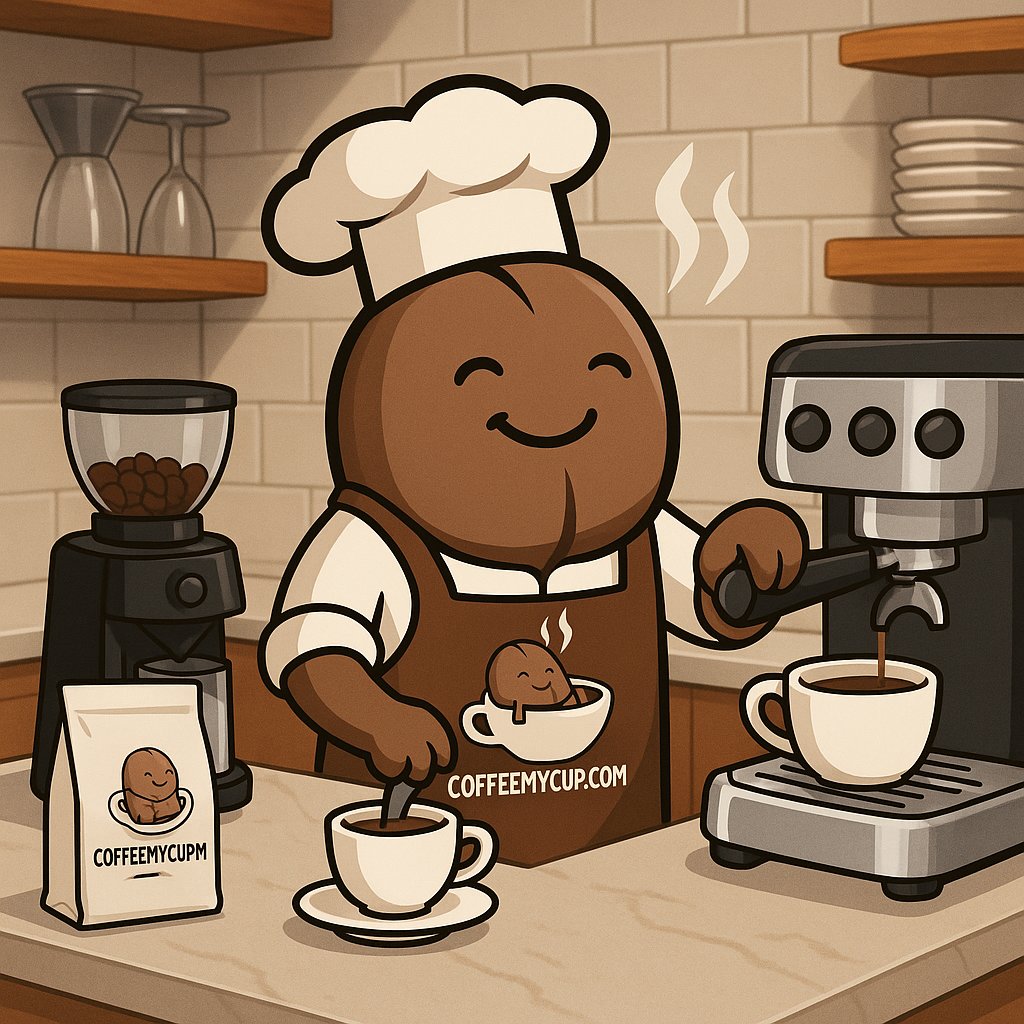 Coffee My Cup Mascot "Beanie" making coffee in his fabulous kitchen 