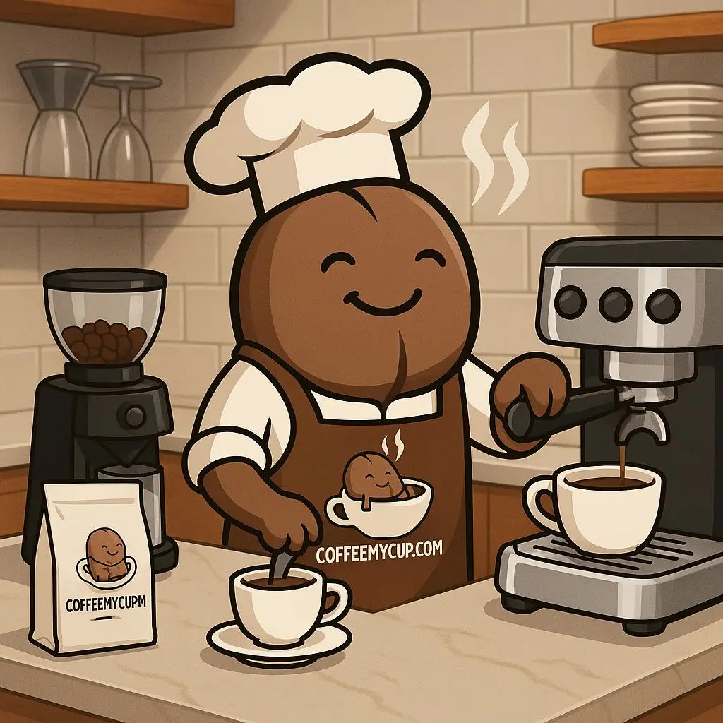 Coffee My Cup Mascot "Beanie" making coffee in his fabulous kitchen 