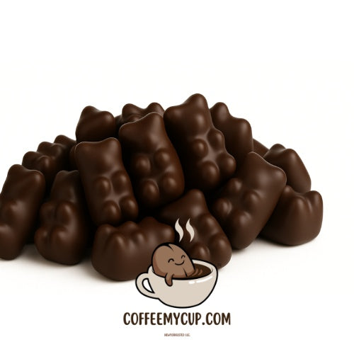 Coffee My Cup Sweet Treats Collection: Noir Chocolaté Gummy Bears: Chocolate gummy bears with a small cartoon bear in a coffee cup and 'COFFEEMYCUP.COM' text on a white background.