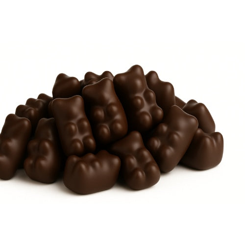 Coffee My Cup Sweet Treats Collection: Noir Chocolaté Gummy Bears: Pile of dark chocolate gummy bears on a white background