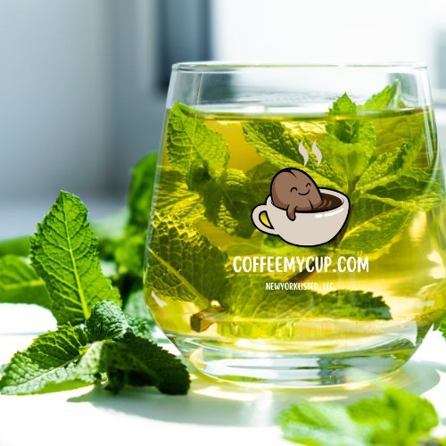 Coffee My Cup Tea Collection: Moroccan Mint, a glass of green tea with mint leaves and a logo on a light background