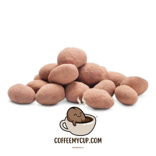 Coffee My Cup Sweet Treats Collection: Coco Yum Almonds Pile of brown stones with a logo and website text on a white background