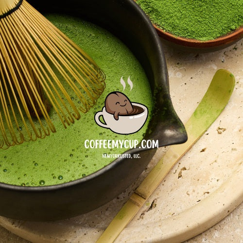 Coffee My Cup Matcha Tea, green tea with a whisk, bowl, and cartoon character on a stone surface.