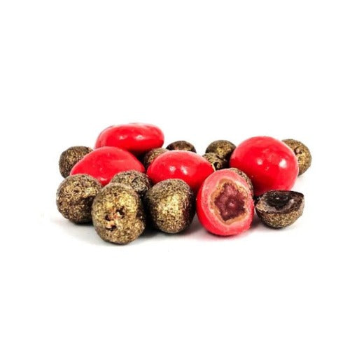 Coffee My Cup Sweet Treats Collection: Prosecco Berry Bliss – 4oz Bag: Red and brown spherical objects on a white background