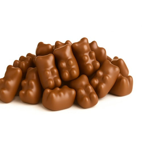 Coffee My Cup Sweet Treats Collection: Milk Chocolaté Gummy Bears du Lait: Pile of chocolate-covered gummy bears on a white background