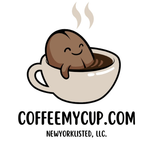 Coffee My Cup logo featuring Beanie the smiling coffee bean mascot relaxing in a steaming cup of fresh roasted gourmet coffee, representing premium specialty coffee by NEWYORKLISTED LLC