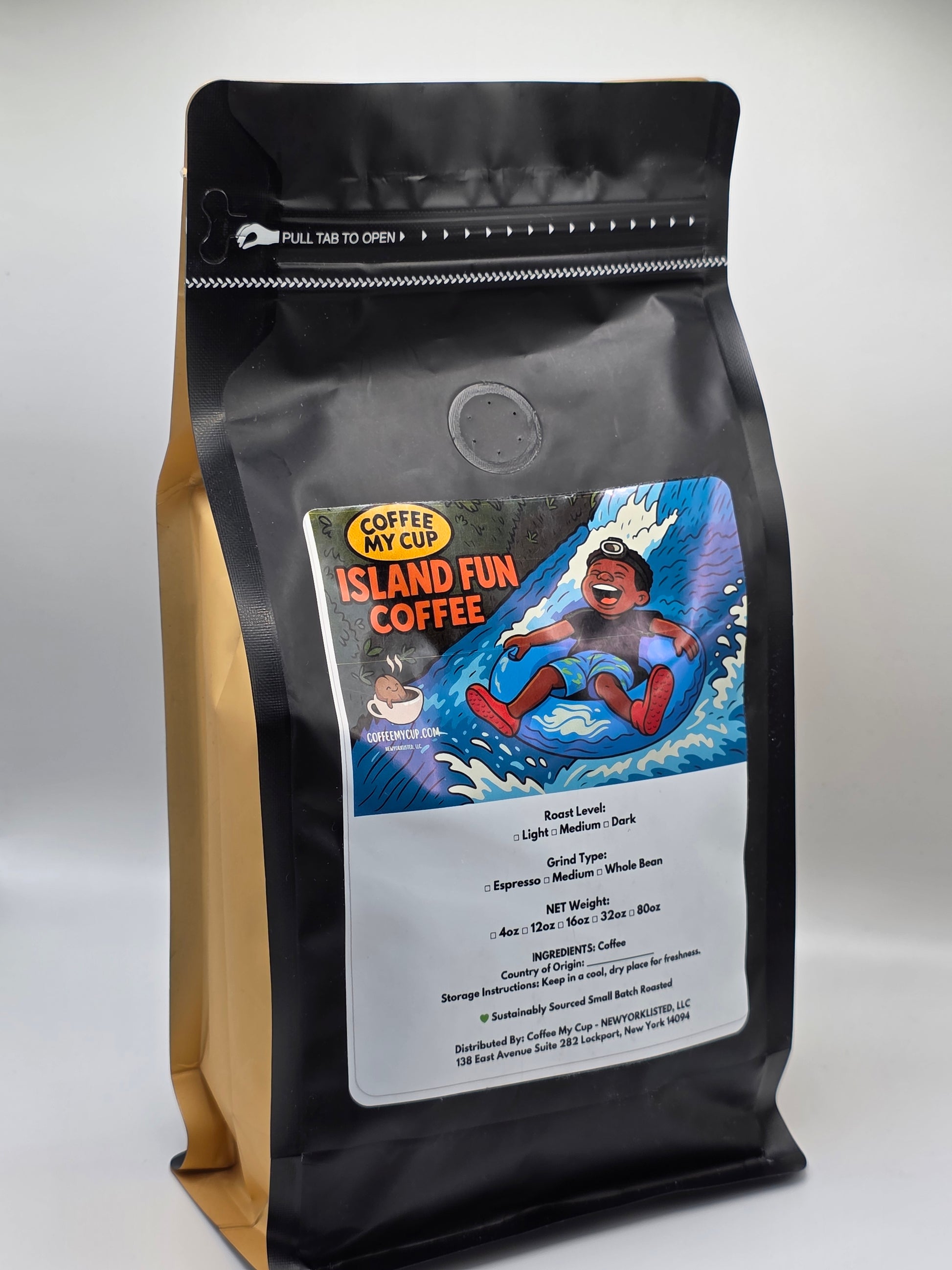Coffee My Cup: Island Fun Coffee, Coffee bag with a colorful label featuring a person surfing on a wave, on a white background.