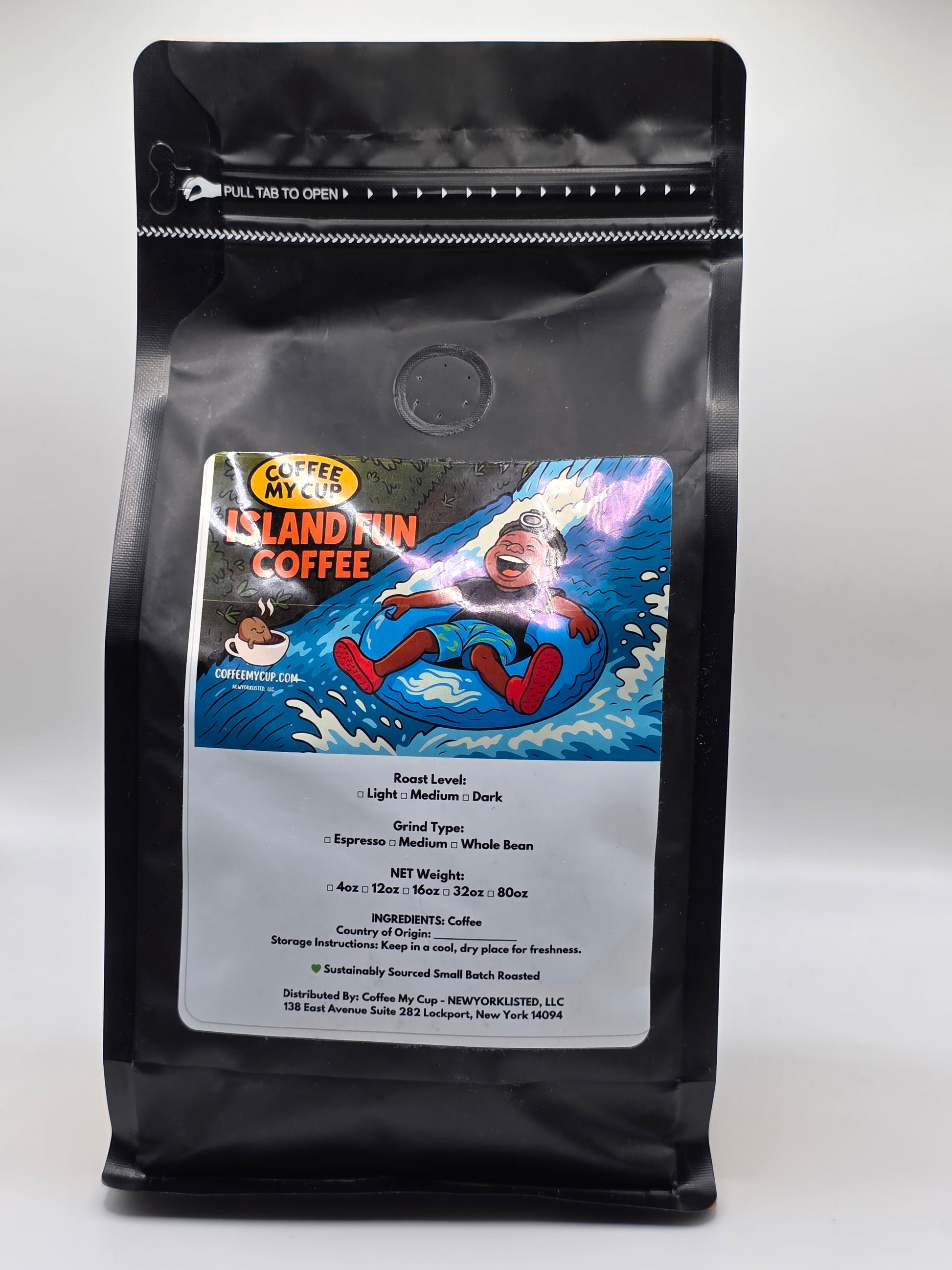 Coffee My Cup: Island Fun Coffee, Black coffee packaging with colorful label featuring a bear and text on a white background