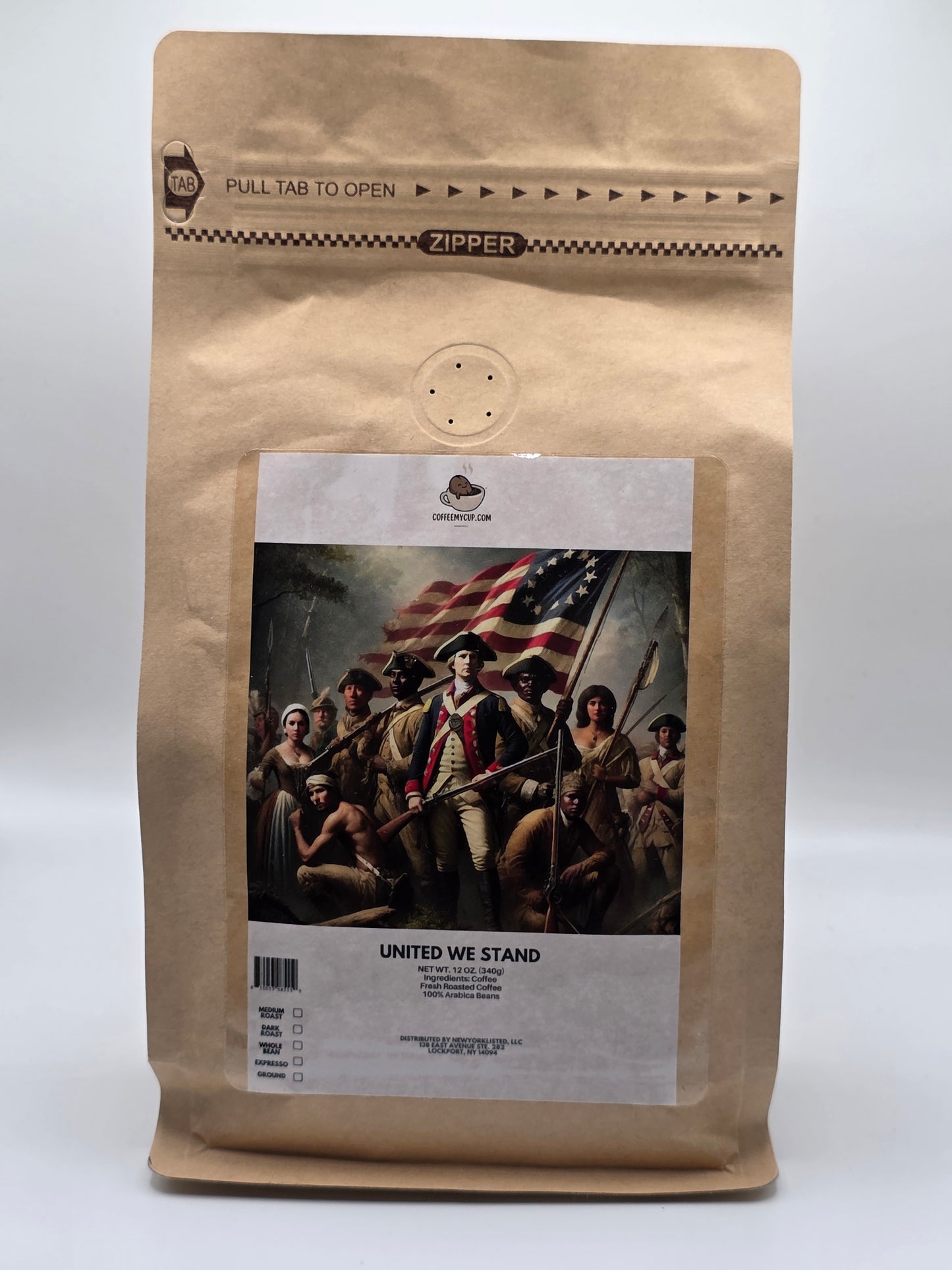 Coffee My Cup: United We Stand Specialty Coffee in kraft paper coffee bag with a photo of people and an American flag on a white background