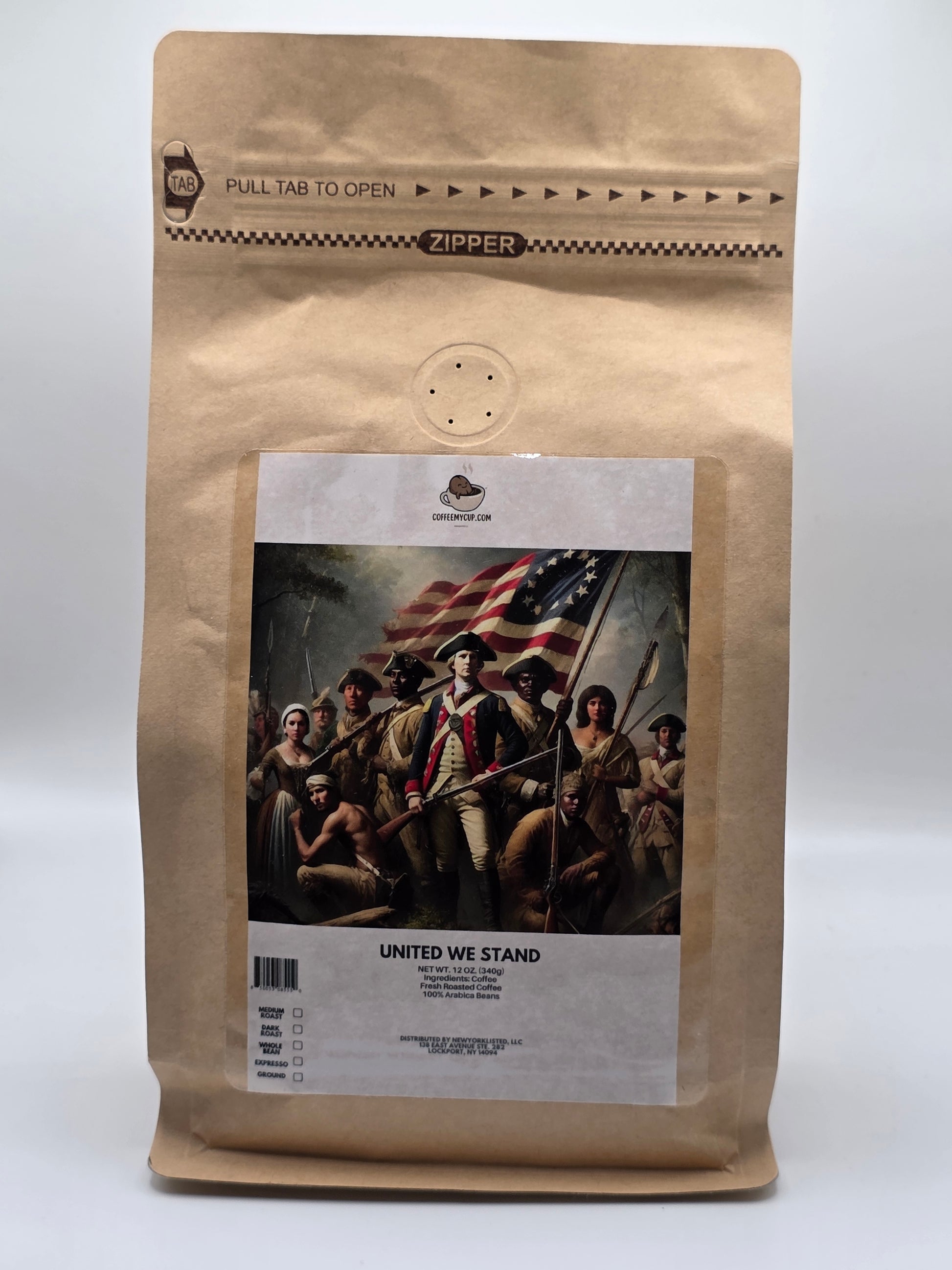 Coffee My Cup: United We Stand Specialty Coffee in kraft paper coffee bag with a photo of people and an American flag on a white background