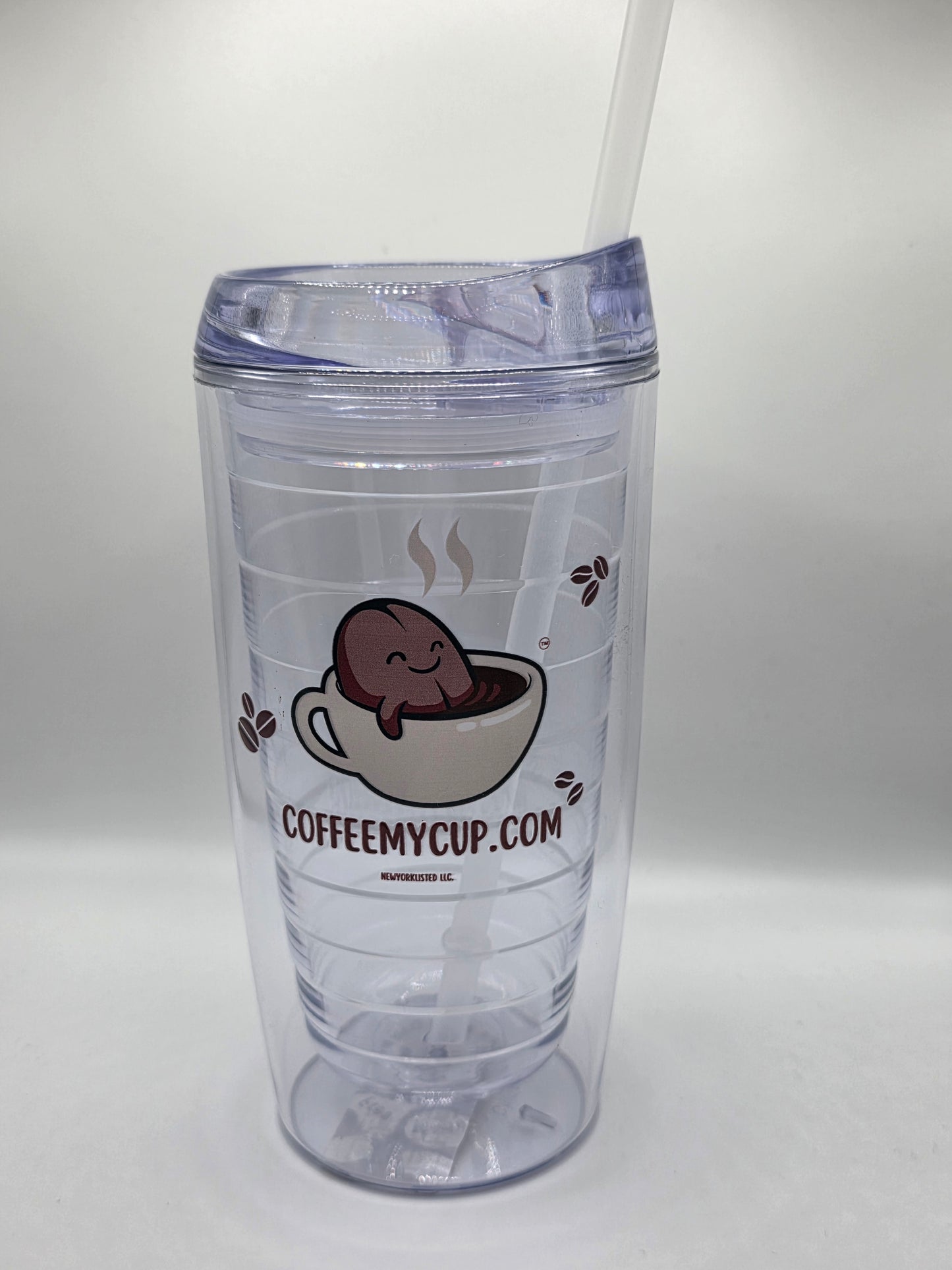 Coffee My Cup: Clear tumbler with a logo and text on a white background