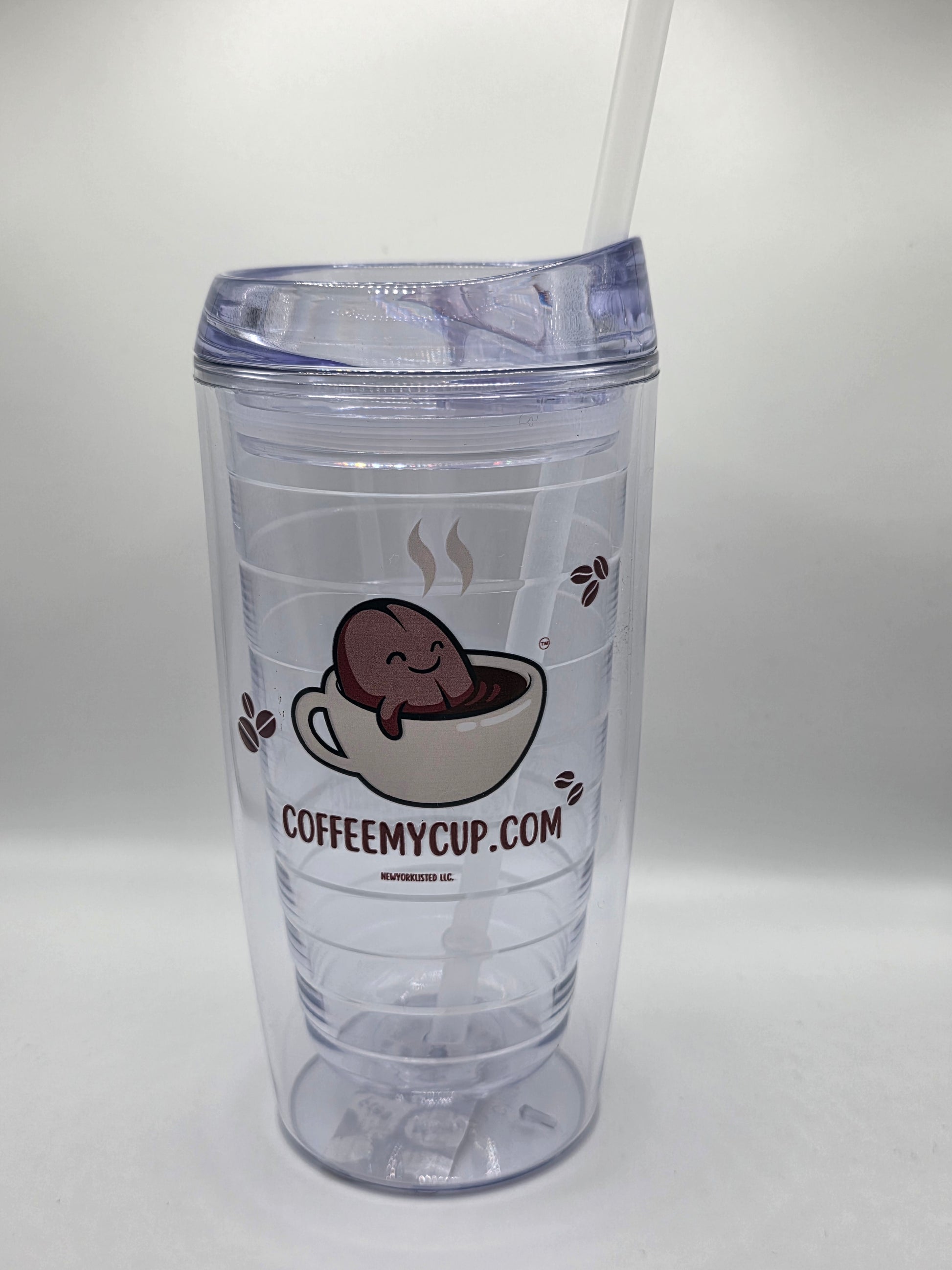 Coffee My Cup: Clear tumbler with a logo and text on a white background