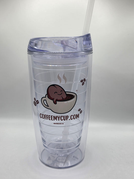 Coffee My Cup: Clear tumbler with a logo and text on a white background