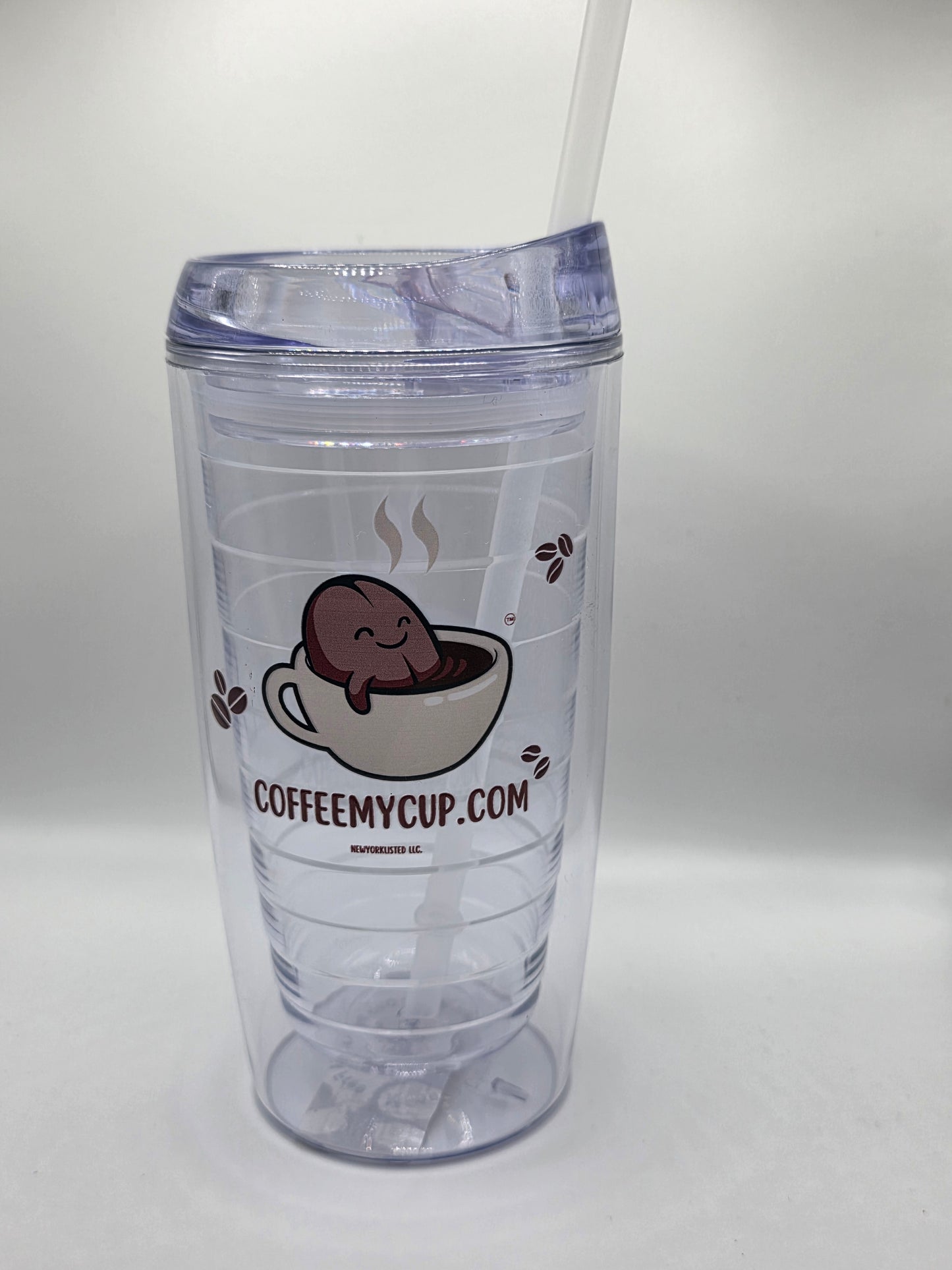 Coffee My Cup: Clear acrylic insulated tumbler with Coffee My Cup logo and text on a white background