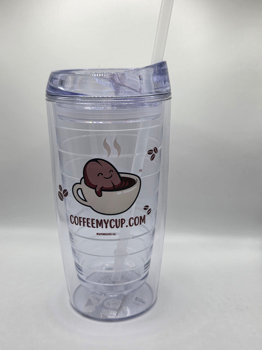 Coffee My Cup: Clear acrylic insulated tumbler with Coffee My Cup logo and text on a white background
