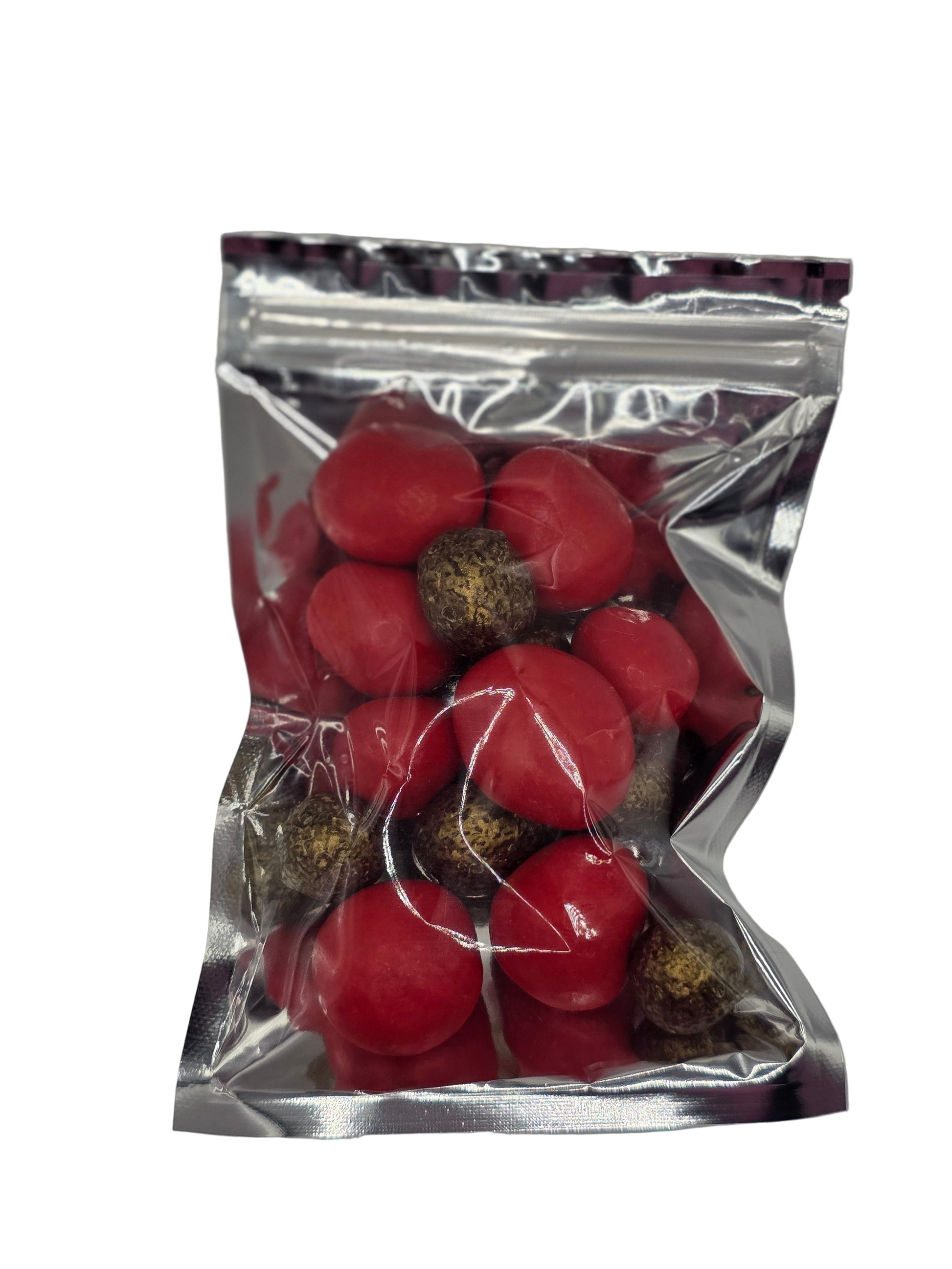 Coffee My Cup Sweet Treats Collection: Prosecco Berry Bliss – 4oz Bag: Red spherical candies with brown centers in a clear plastic bag on a gray background