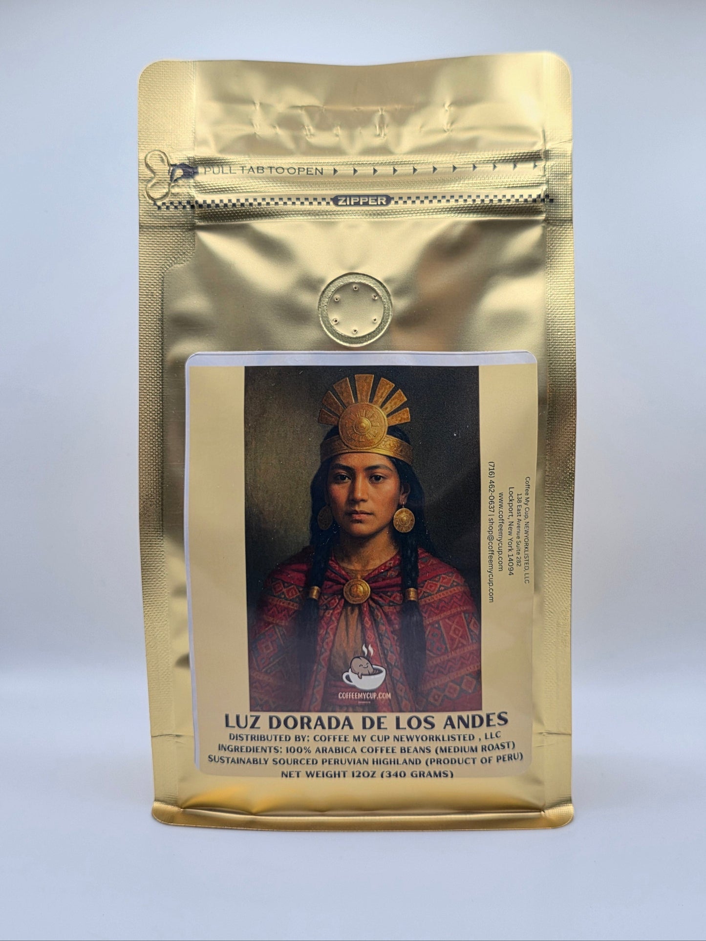 Coffee My Cup Creative Coffee Collection gold bag of Peruvian organic coffee, Golden Light – Luz Dorada de los Andes, featuring elegant portrait of a Peruvian princess on a clean white background.
