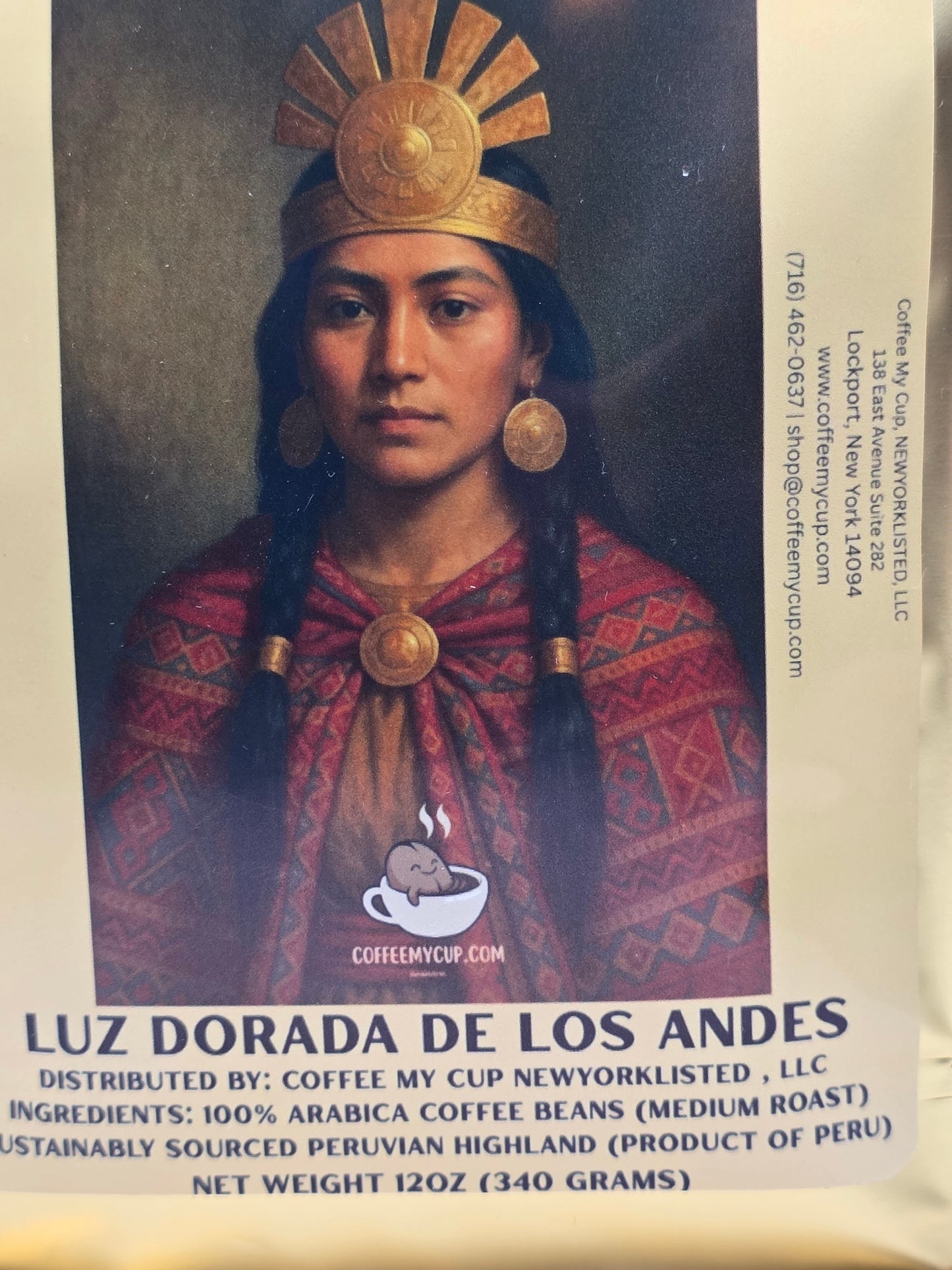 Coffee package with a person in traditional attire on the label: Coffee My Cup Creative Coffee Collection: Gold coffee bag of Peruvian organic coffee Golden Light, Luz Dorada De Los Andes with a portrait on a white background of a Peruvian princess