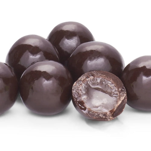 Coffee My Cup Sweet Treats Collection: Cherry Cordials: Chocolate-covered candies with a cracked open one on a white background