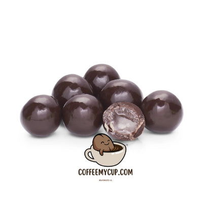 Coffee My Cup Sweet Treats Collection: Cherry Cordials: Chocolate-covered coffee beans with a logo and website text on a white background
