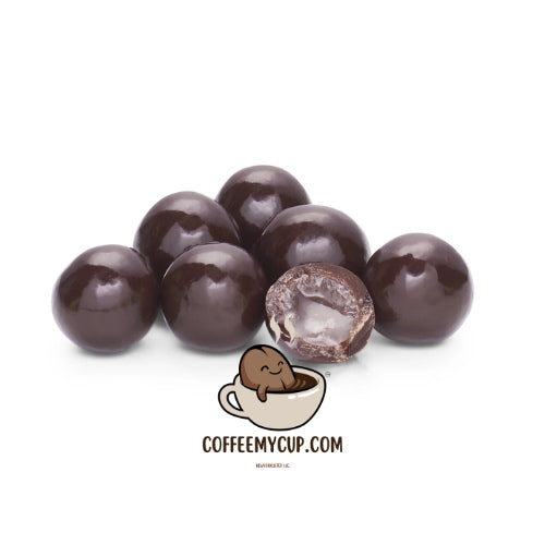 Coffee My Cup Sweet Treats Collection: Cherry Cordials: Chocolate-covered coffee beans with a logo and website text on a white background
