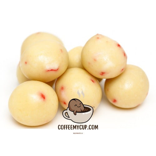 Coffee My Cup Sweet Treats Collection: White Chocolaté Peppermint Mocha Espresso Beans: on a white background, featuring the Coffee My Cup logo Beanie in his signature coffee cup