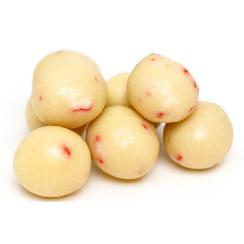 Coffee My Cup Sweet Treats Collection: White Chocolaté Peppermint Mocha Espresso Beans: White spherical candies with red spots on a white background