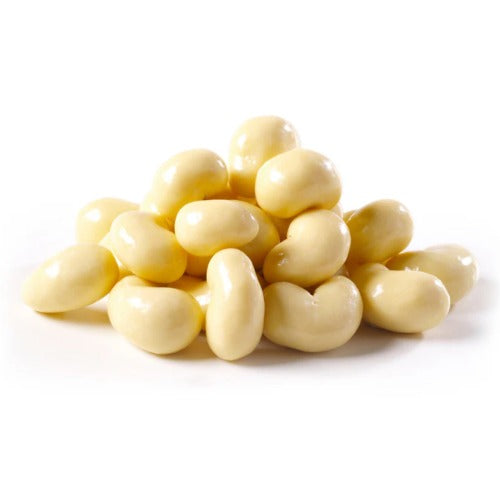 Pile of white chocolate-covered almonds on a white background: Coffee My Cup Sweet Treats Collection: White Chocolate Latte Cashews – 4oz Bag