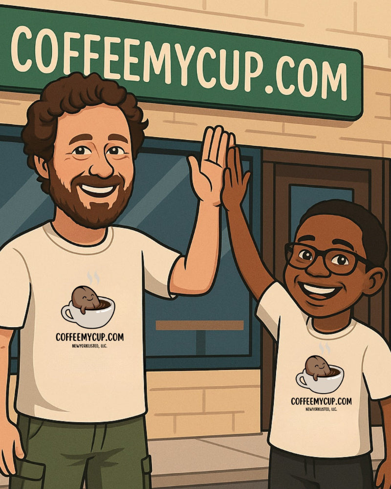 Peter and Eli doing a high five in  front of a coffee shop with 'COFFEEMYCUP.COM' branding.