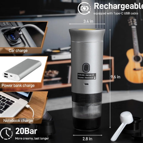 Coffee My Cup 3-in-1 Portable Espresso Machine in silver with USB-C charging