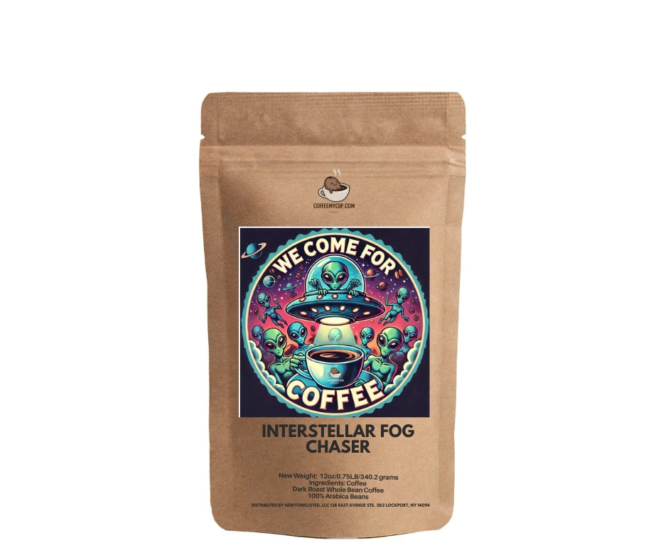 Coffee My Cup:  Interstellar Fog Chaser Coffee –Dark Roast Coffee with cartoon alien logo on the bag for the Coffee My Cup Creative Coffee Collection