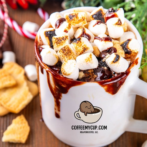Hot chocolate with marshmallows and cookies in a white mug, branded 'Coffee My Cup'.